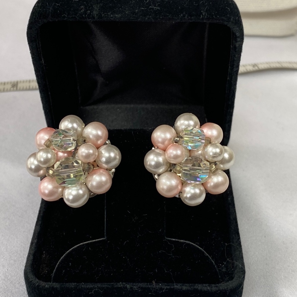 Vintage cluster pearl bead and AB rhinestone earrings